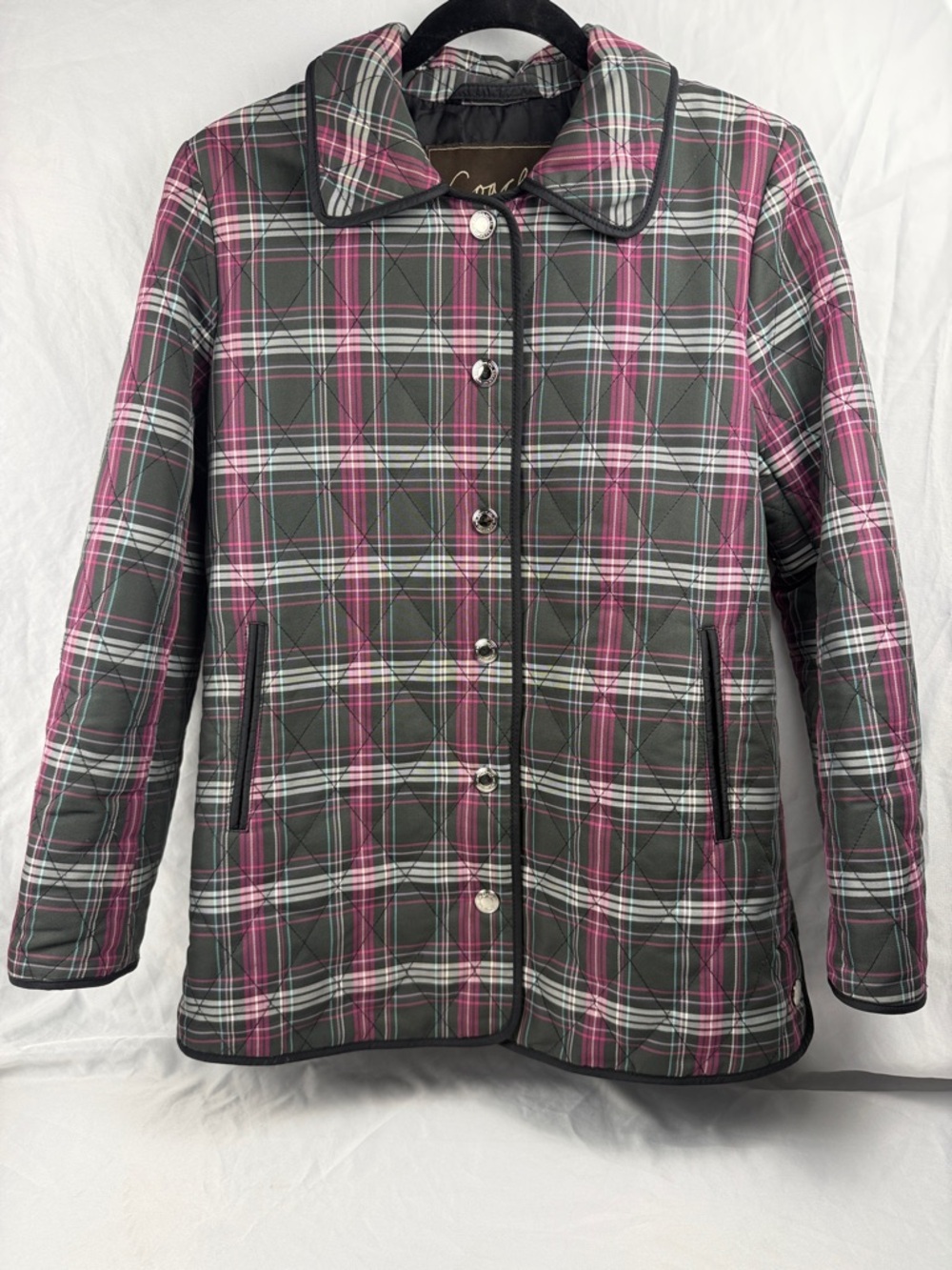 Coach XS Plaid Jacket Pink Gray Quilted Coat Signature Lining